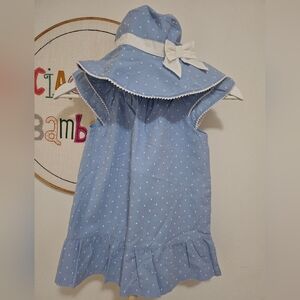 Gently used, Janie and Jack Light Blue Dress with White Dots Plus a hat.